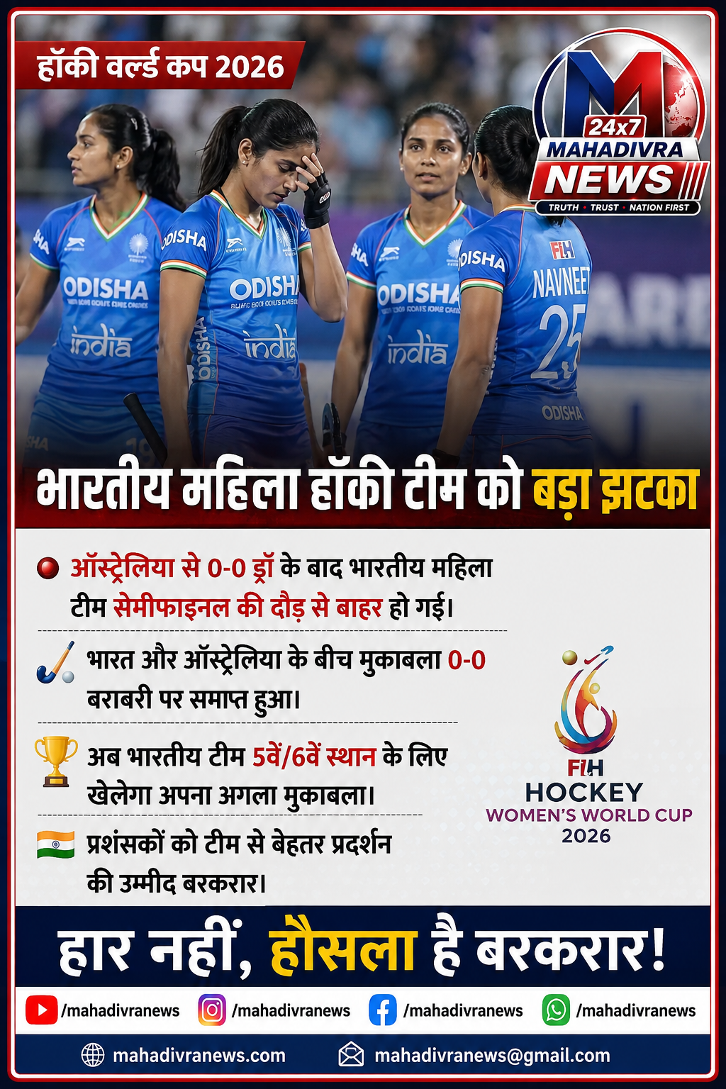 हॉकी वर्ल्ड कप 2026: ऑस्ट्रेलिया से 0-0 ड्रॉ के बाद भारत सेमीफाइनल की दौड़ से बाहर, अब 5वें-6वें स्थान के लिए मुकाबला