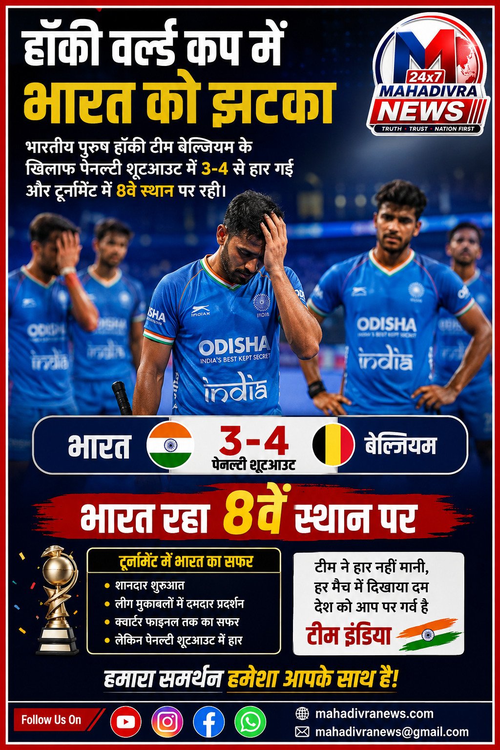 हॉकी वर्ल्ड कप में भारत को झटका, बेल्जियम से शूटआउट में 3-4 से हारकर 8वें स्थान पर रहा भारत
