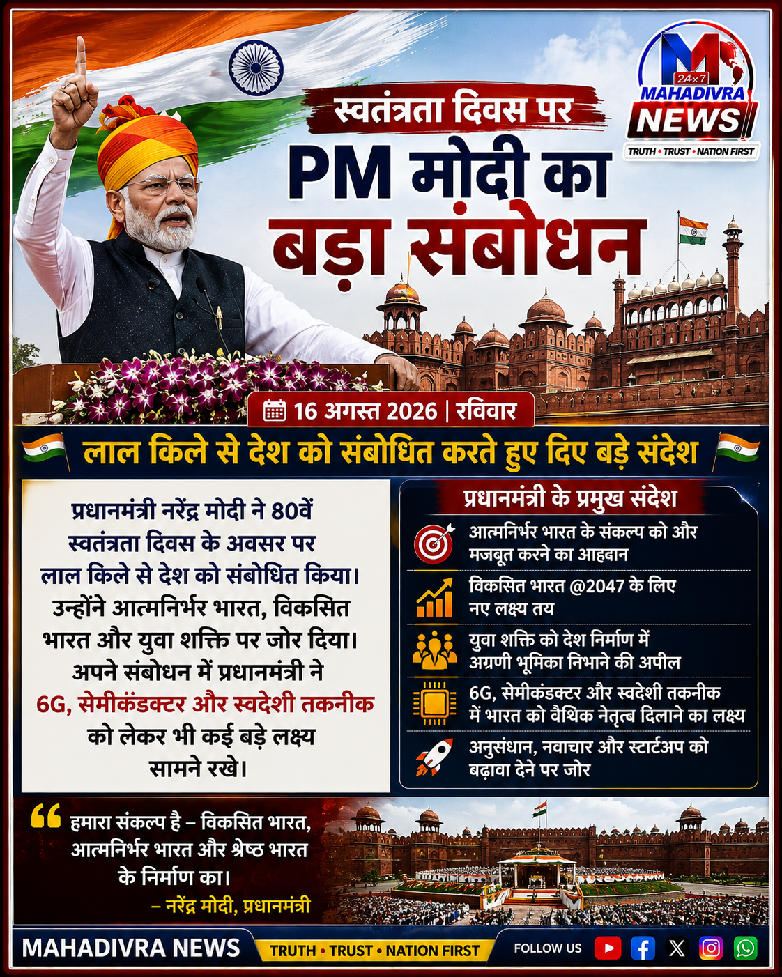 स्वतंत्रता दिवस पर PM मोदी का बड़ा संबोधन